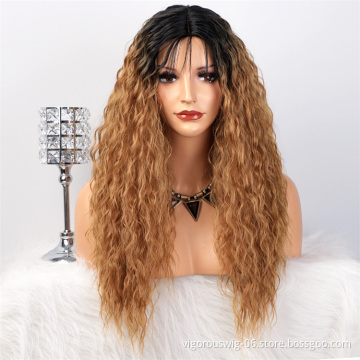 Vigorous Synthetic Long Curly Wavy Wig Ombre Middle Part Water Wave Wig Black Root to Blonde Wig for Women